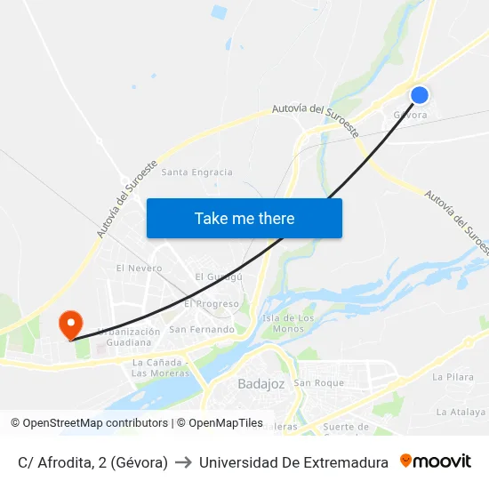 C/ Afrodita, 2 (Gévora) to Universidad De Extremadura map
