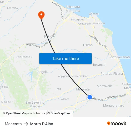 Macerata to Morro D'Alba map