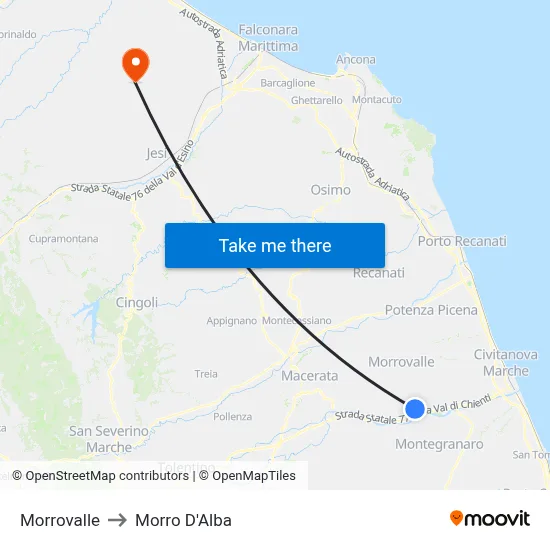 Morrovalle to Morro D'Alba map