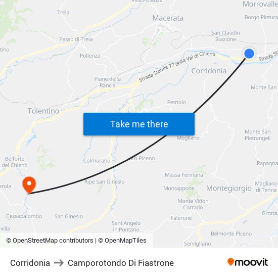 Corridonia to Camporotondo Di Fiastrone map