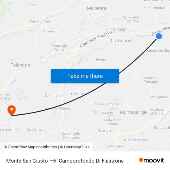 Monte San Giusto to Camporotondo Di Fiastrone map