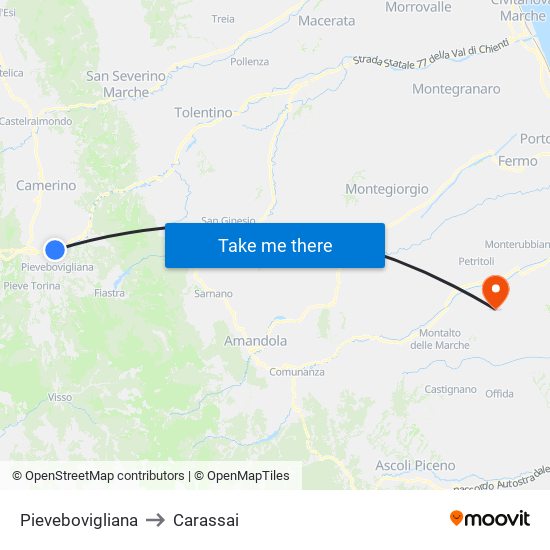 Pievebovigliana to Carassai map