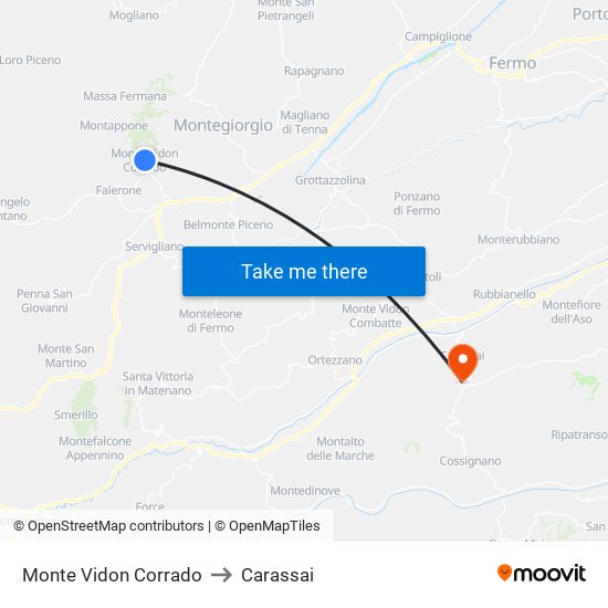 Monte Vidon Corrado to Carassai map