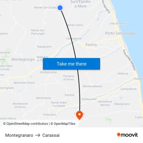 Montegranaro to Carassai map