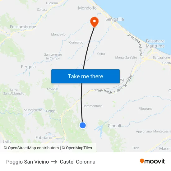 Poggio San Vicino to Castel Colonna map