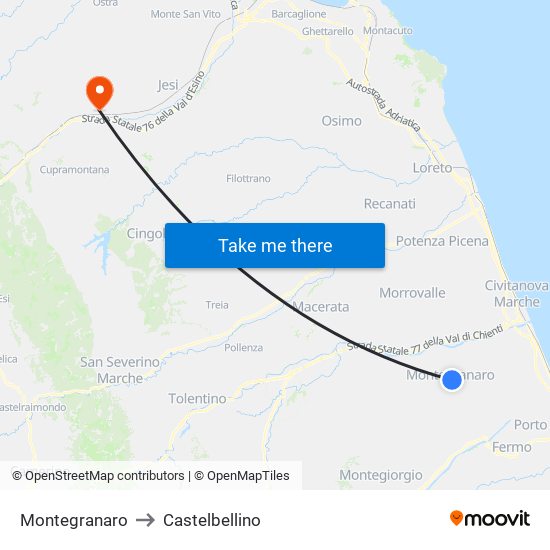 Montegranaro to Castelbellino map