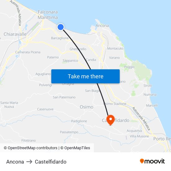 Ancona to Castelfidardo map