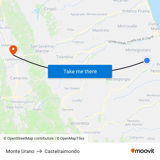 Monte Urano to Castelraimondo map