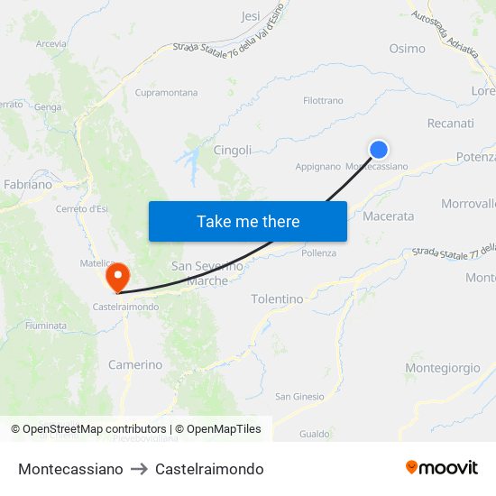 Montecassiano to Castelraimondo map
