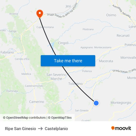 Ripe San Ginesio to Castelplanio map