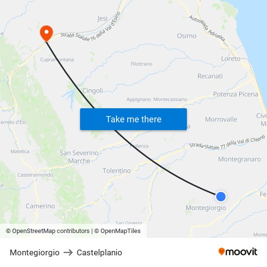 Montegiorgio to Castelplanio map