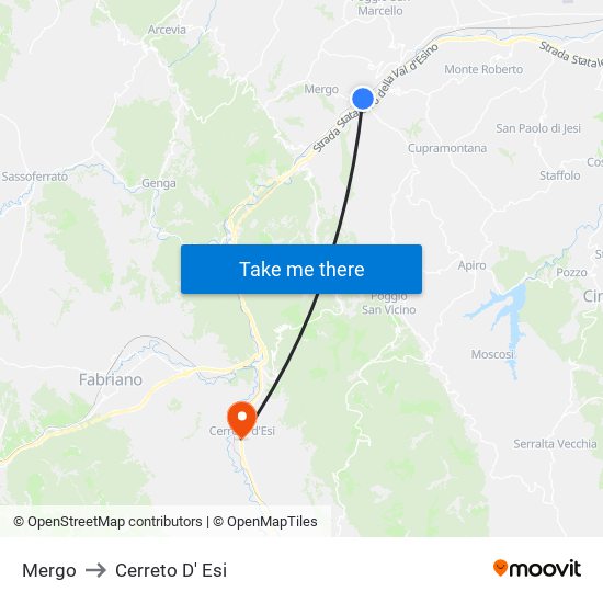 Mergo to Cerreto D' Esi map
