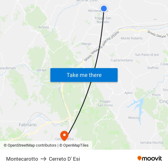 Montecarotto to Cerreto D' Esi map