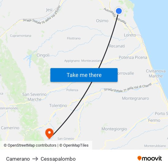 Camerano to Cessapalombo map