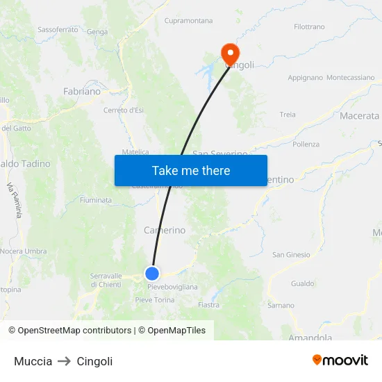 Muccia to Cingoli map