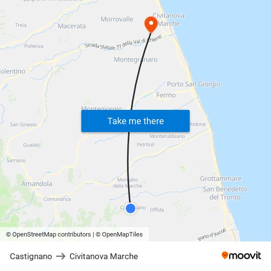 Castignano to Civitanova Marche map