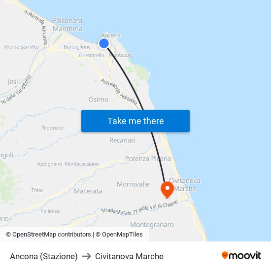 Ancona (Stazione-Linee Atma) to Civitanova Marche map