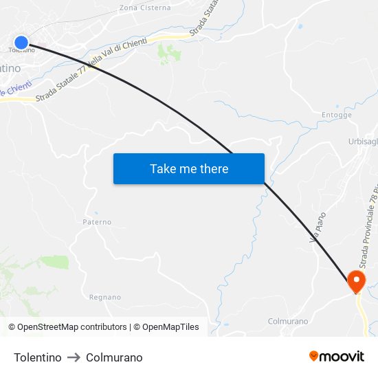 Tolentino to Colmurano map