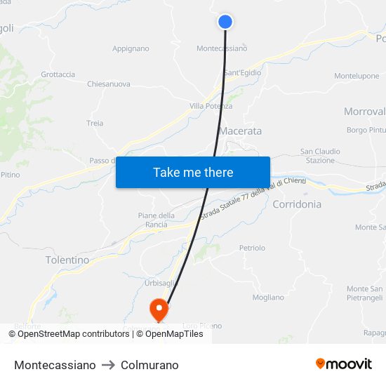 Montecassiano to Colmurano map