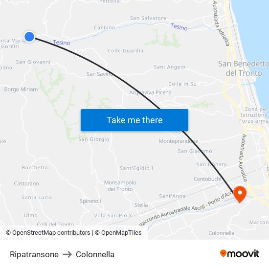 Ripatransone to Colonnella map