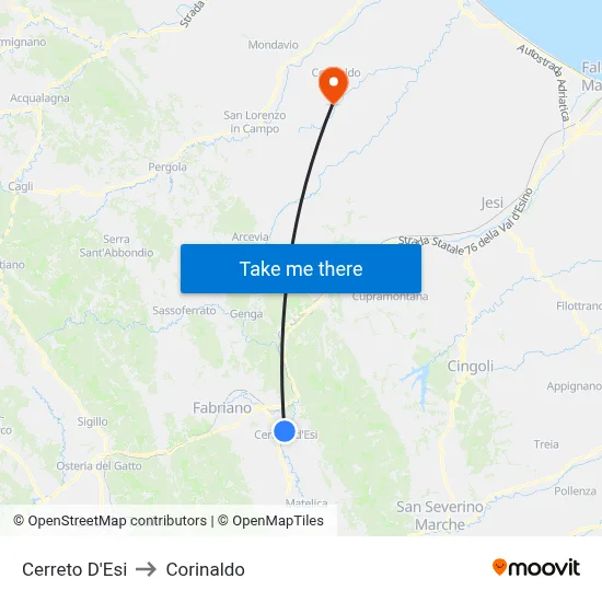 Cerreto D'Esi to Corinaldo map