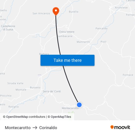 Montecarotto to Corinaldo map