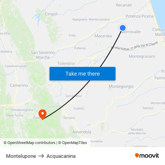 Montelupone to Acquacanina map