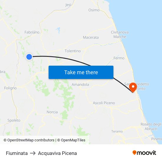 Fiuminata to Acquaviva Picena map