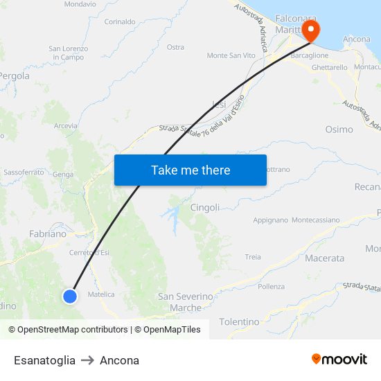 Esanatoglia to Ancona map