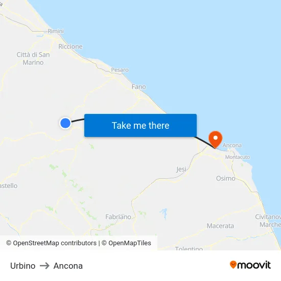 Urbino to Ancona map