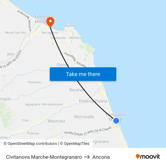Civitanova Marche-Montegranaro to Ancona map