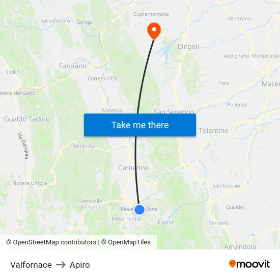 Valfornace to Apiro map
