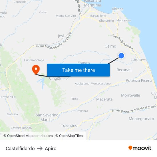 Castelfidardo to Apiro map