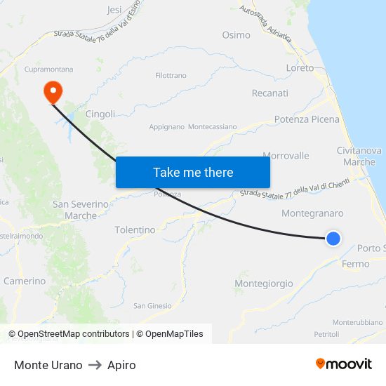 Monte Urano to Apiro map