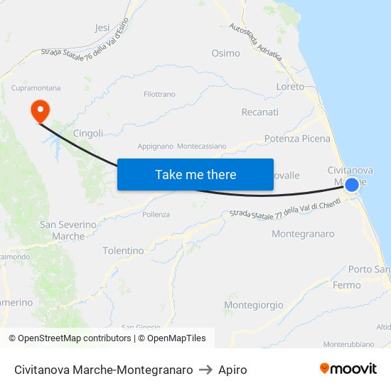 Civitanova Marche-Montegranaro to Apiro map