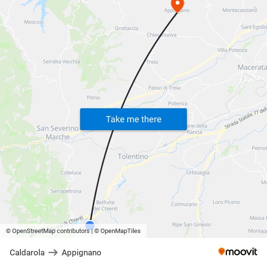 Caldarola to Appignano map