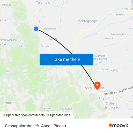 Cessapalombo to Ascoli Piceno map