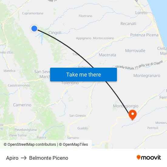 Apiro to Belmonte Piceno map
