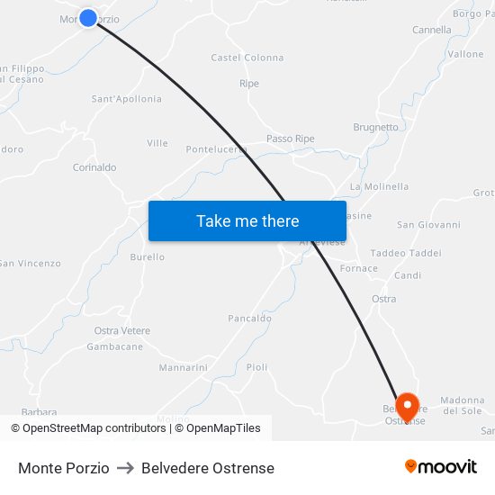 Monte Porzio to Belvedere Ostrense map