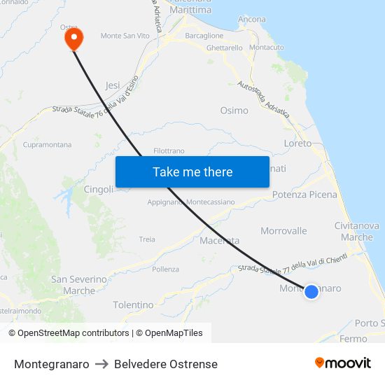 Montegranaro to Belvedere Ostrense map