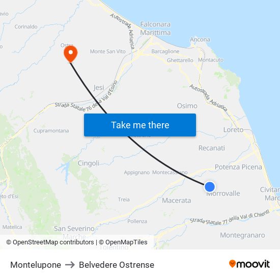 Montelupone to Belvedere Ostrense map