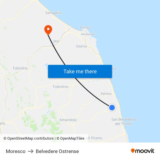 Moresco to Belvedere Ostrense map