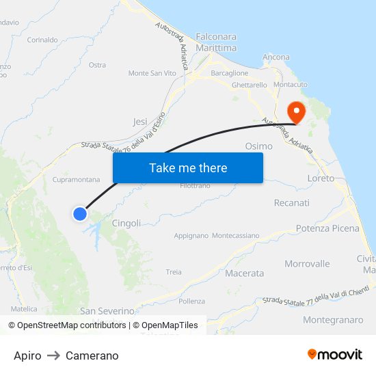 Apiro to Camerano map
