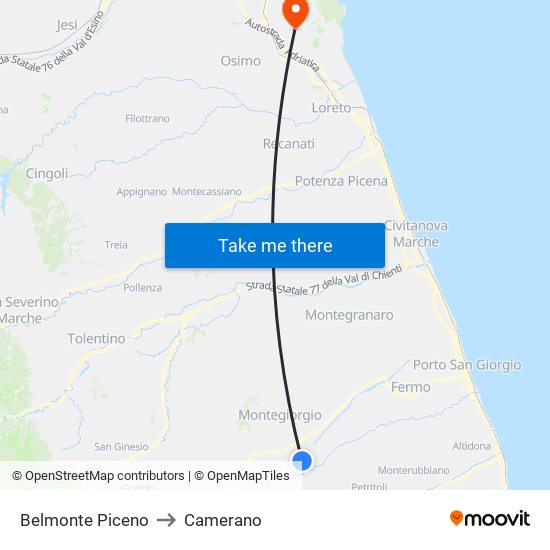 Belmonte Piceno to Camerano map