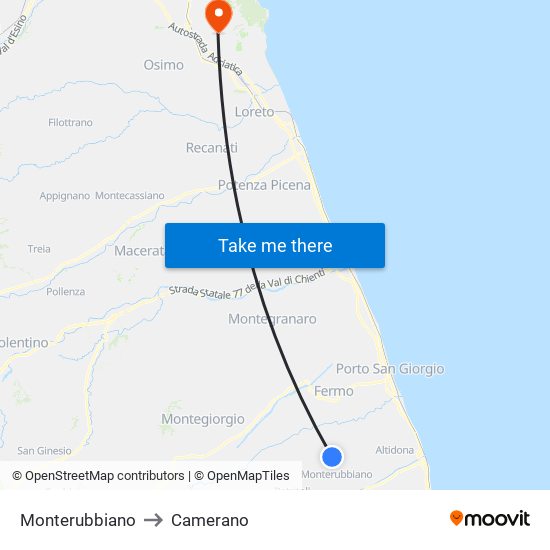 Monterubbiano to Camerano map