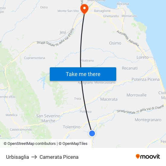 Urbisaglia to Camerata Picena map