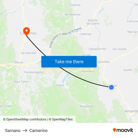 Sarnano to Camerino map