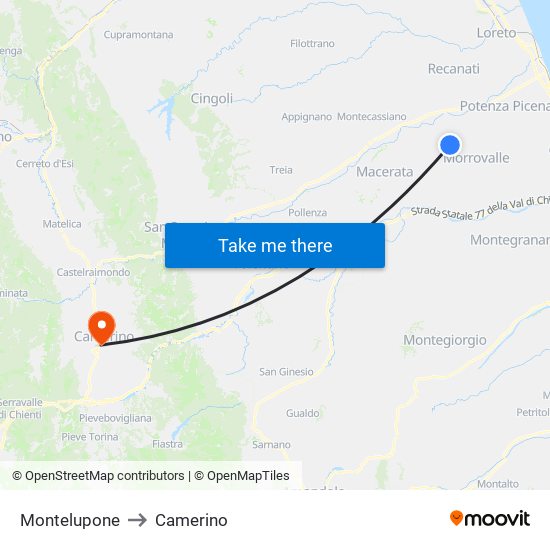 Montelupone to Camerino map