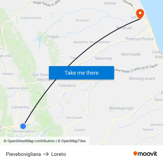 Pievebovigliana to Loreto map