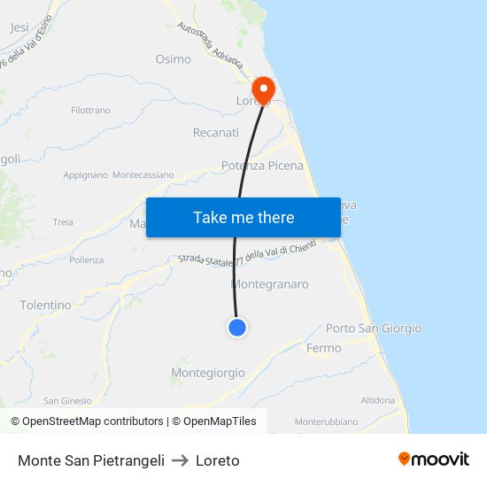 Monte San Pietrangeli to Loreto map